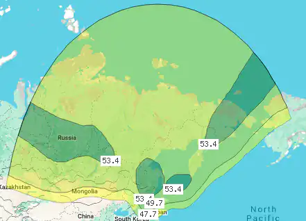 Зона (карта) покрытия спутника Express AM5 at 140.0°E, луч Fixed 1 (Ku band)