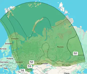 Зона (карта) покрытия спутника Yamal 402 at 54.9°E луч Russia (Ku band)