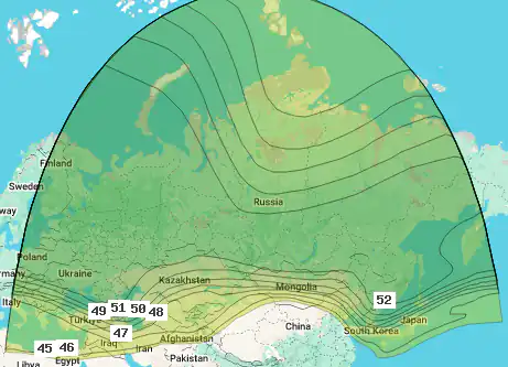 Зона (карта) покрытия спутника Yamal 401 at 90.0°E, луч Northern (Ku band)
