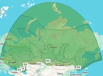 Зона (карта) покрытия спутника Yamal 401 at 90.0°E, луч Russia Ku (Ku band)