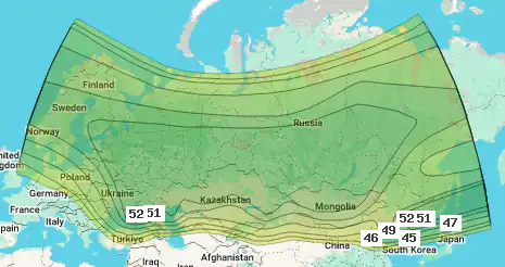 Зона (карта) покрытия спутника ABS 2A at 75.0°E, луч Northern (Ku band)