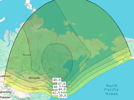 Зона (карта) покрытия спутника Express AMU7 at 145.0°E, луч Fixed C (C band)