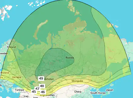 Зона (карта) покрытия спутника Yamal 401 at 90.0°E, луч Russia C (C band)
