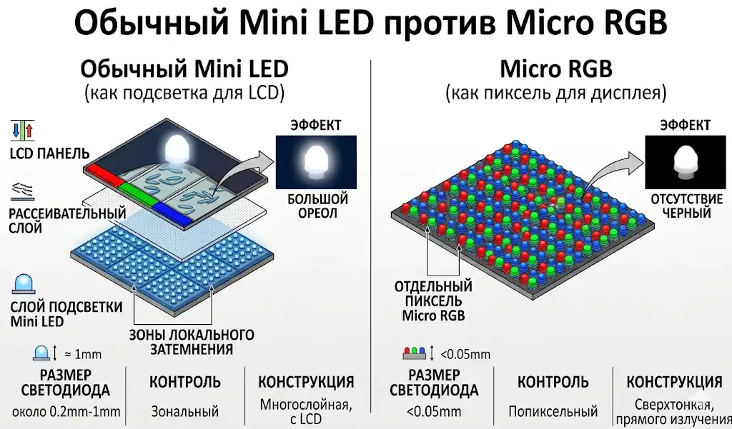 Обычный Mini LED против Micro RGB